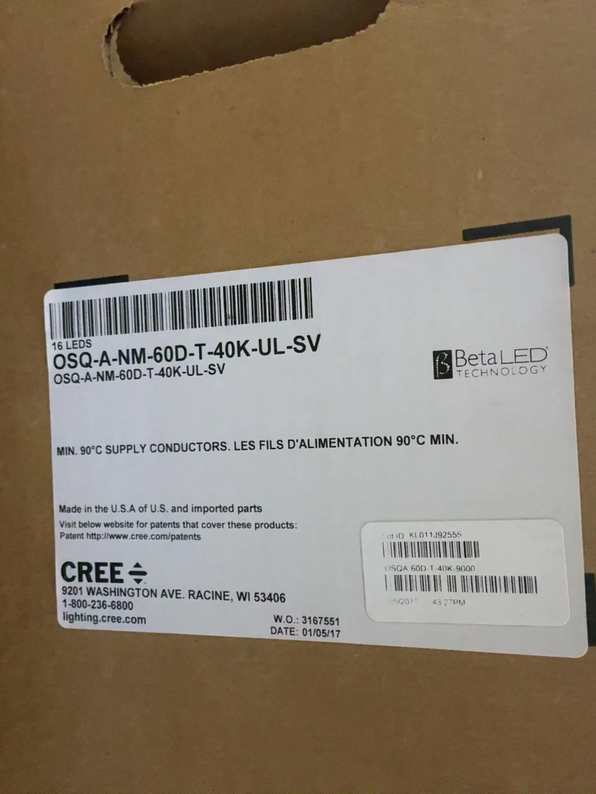 Cree Lighting #OSW-A-NM-60D-T-40K-UL-SV, LED lighting fixture, 120-277 Volts - Image 1