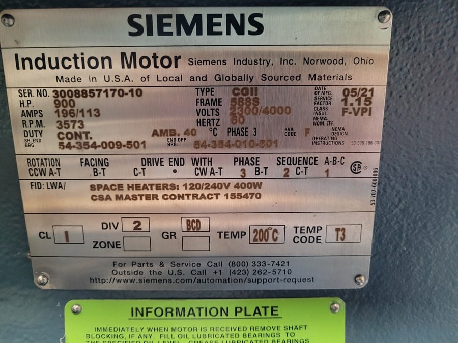900 HP 3600 RPM Siemens, Frame 588S, weather protected enclosure type 2, SB, new, 2300/4160 Volts (2 - Image 4