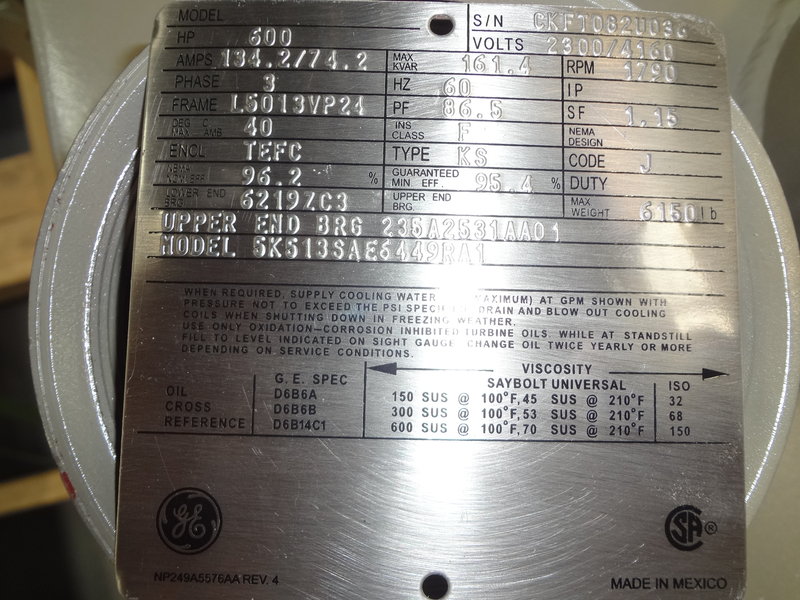 600 HP 1800 RPM General Electric, Frame L5013VP, TEFC, VSS, vertical solid shaft, new, 2300/4160 Volts - Image 1