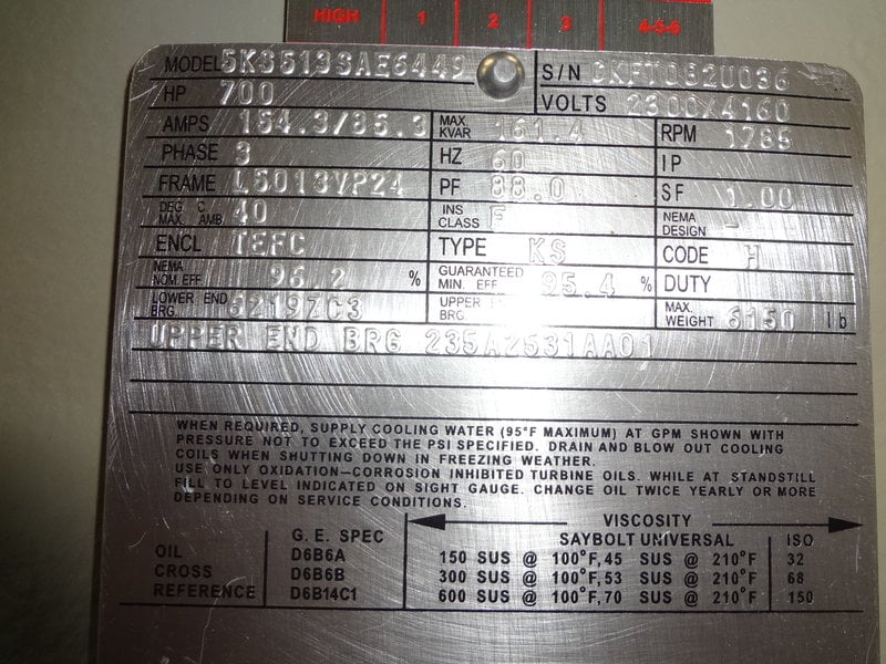 700 HP 1800 RPM General Electric, Frame L5013VP, TEFC, VSS, vertical solid shaft, new, 2300/4160 Volts - Image 1