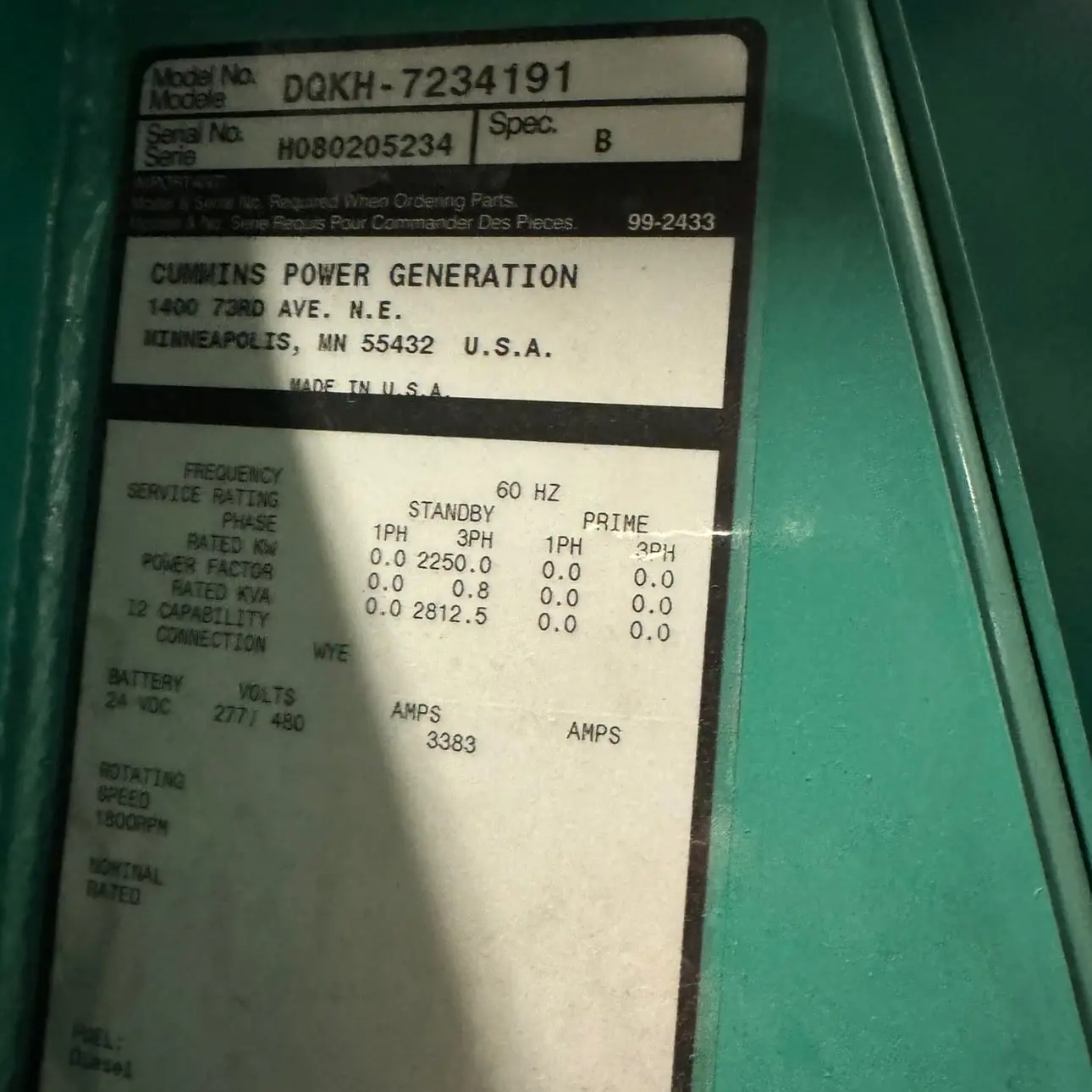 2250 KW Cummins #DQKH, diesel generator set, 480 Volts, 3-phase, 740 hours, 1800 RPM, QSK60-G9 engine, EPA - Image 8