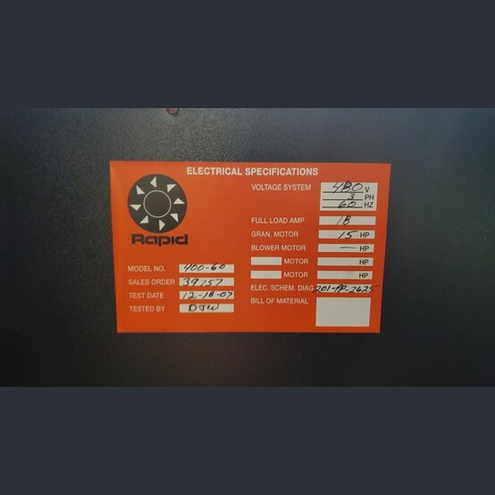 Rapid #G400-6CK, Plastic Granulator, 5 Rotor Blades, 2 Bed Knives, 15 HP, 480 V., 3 Phase, 2007 - Image 7