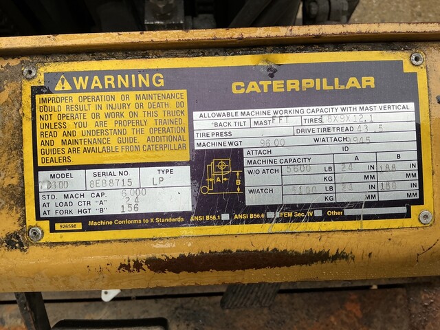6000 lb. Caterpillar #TC60D, LP forklift, 3 stage mast, class 3, 48" forks - Image 9