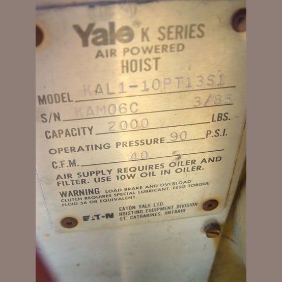 1 Ton, Yale #KAL1-10PT13S1, air power hoist, 10' lift, 6' control line - Image 2