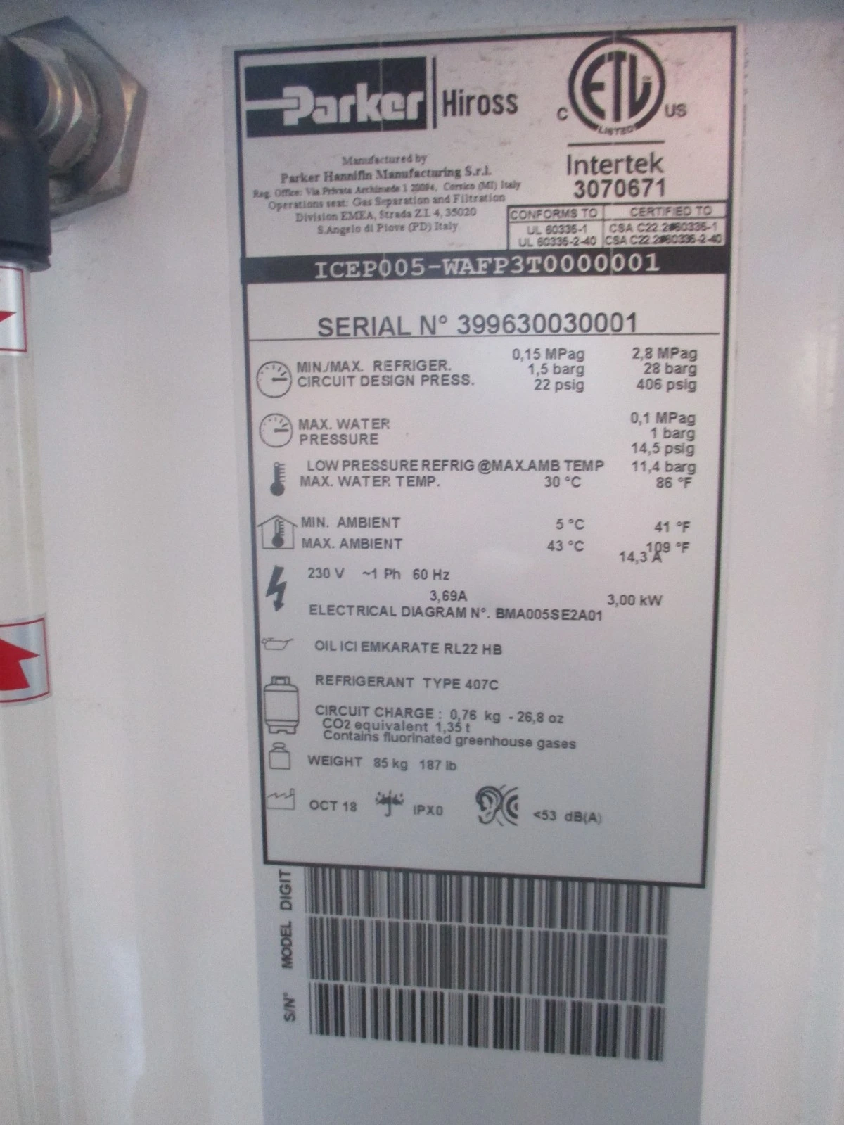 Parker Hyperchill Plus #ICEPOO5-WAFP3T, chiller, non-ferrous hydraulic circuit, 2019 - Image 3