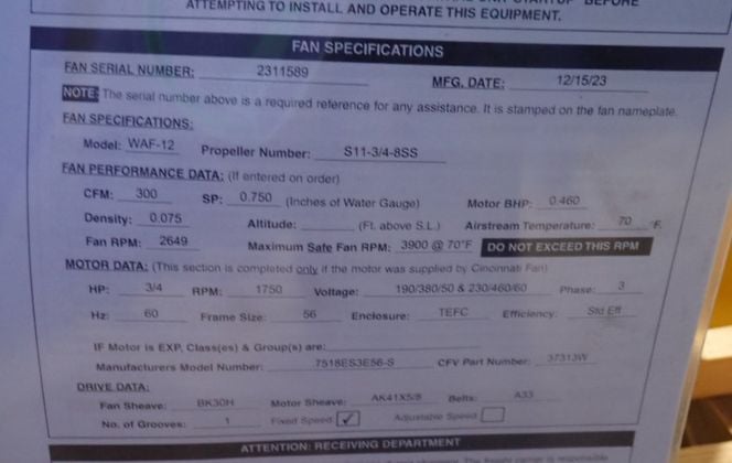 Cincinnati #WAF-12, fan, 12", 3/4 HP, 300 cfm, 2023 (9 available) - Image 10