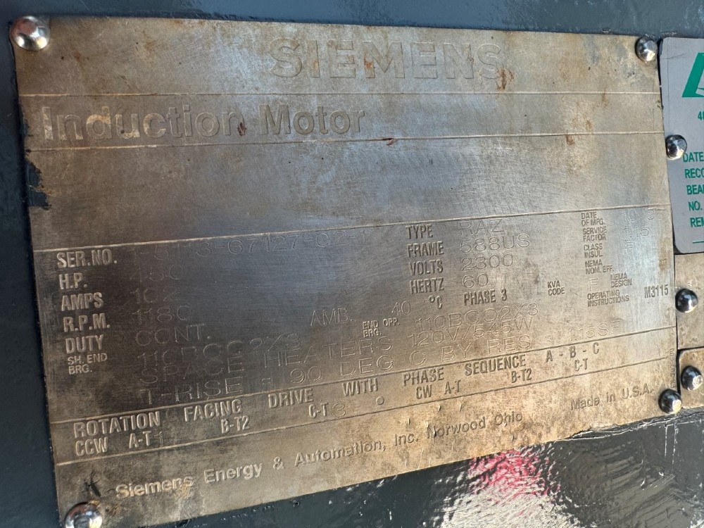 450 HP 1180 RPM Siemens, Frame 588US, TEAAC, 1.15 service factor, BB, 2300 Volts - Image 3