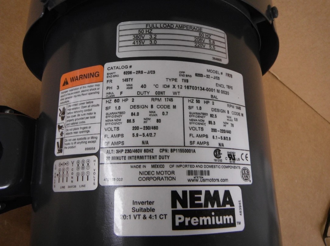 2 HP 1445 RPM U.S. Motors #FR78, Frame 145TY, 200-230/460 Volts, TEFC - Image 1