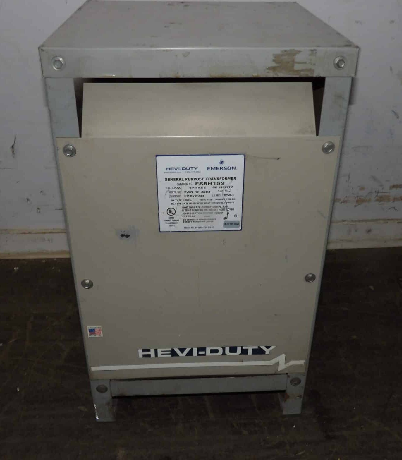 15 KVA 480 Primary, 120/240 Secondary, Emerson ES5H15S, General Purpose Dry Type Transformer, 125/63 amps - Image 1