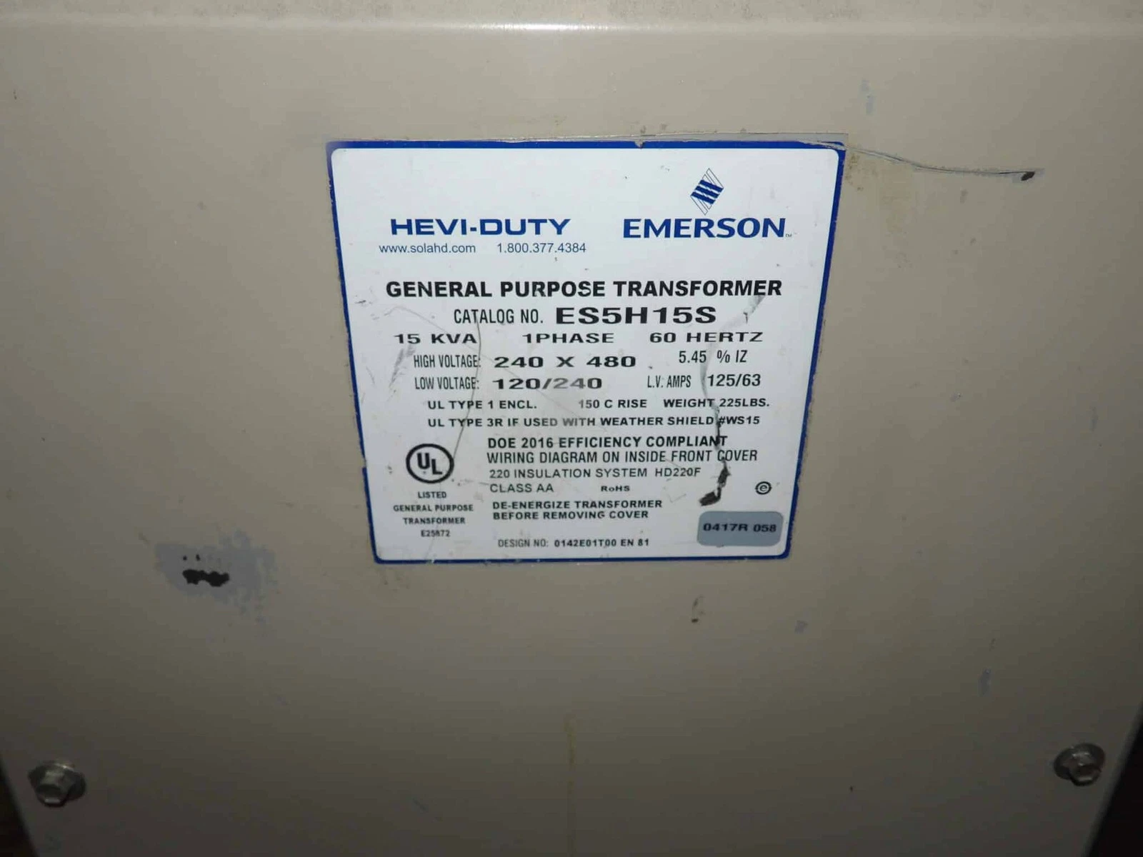 15 KVA 480 Primary, 120/240 Secondary, Emerson ES5H15S, General Purpose Dry Type Transformer, 125/63 amps - Image 2