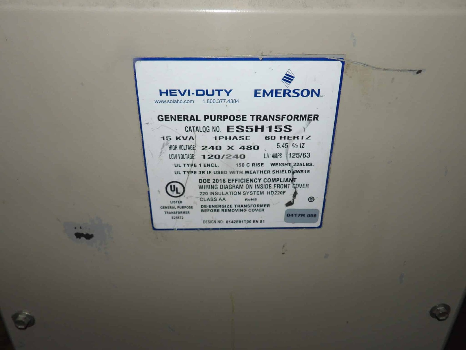 15 KVA 480 Primary, 120/240 Secondary, Emerson ES5H15S, General Purpose Dry Type Transformer, 125/63 amps - Image 6