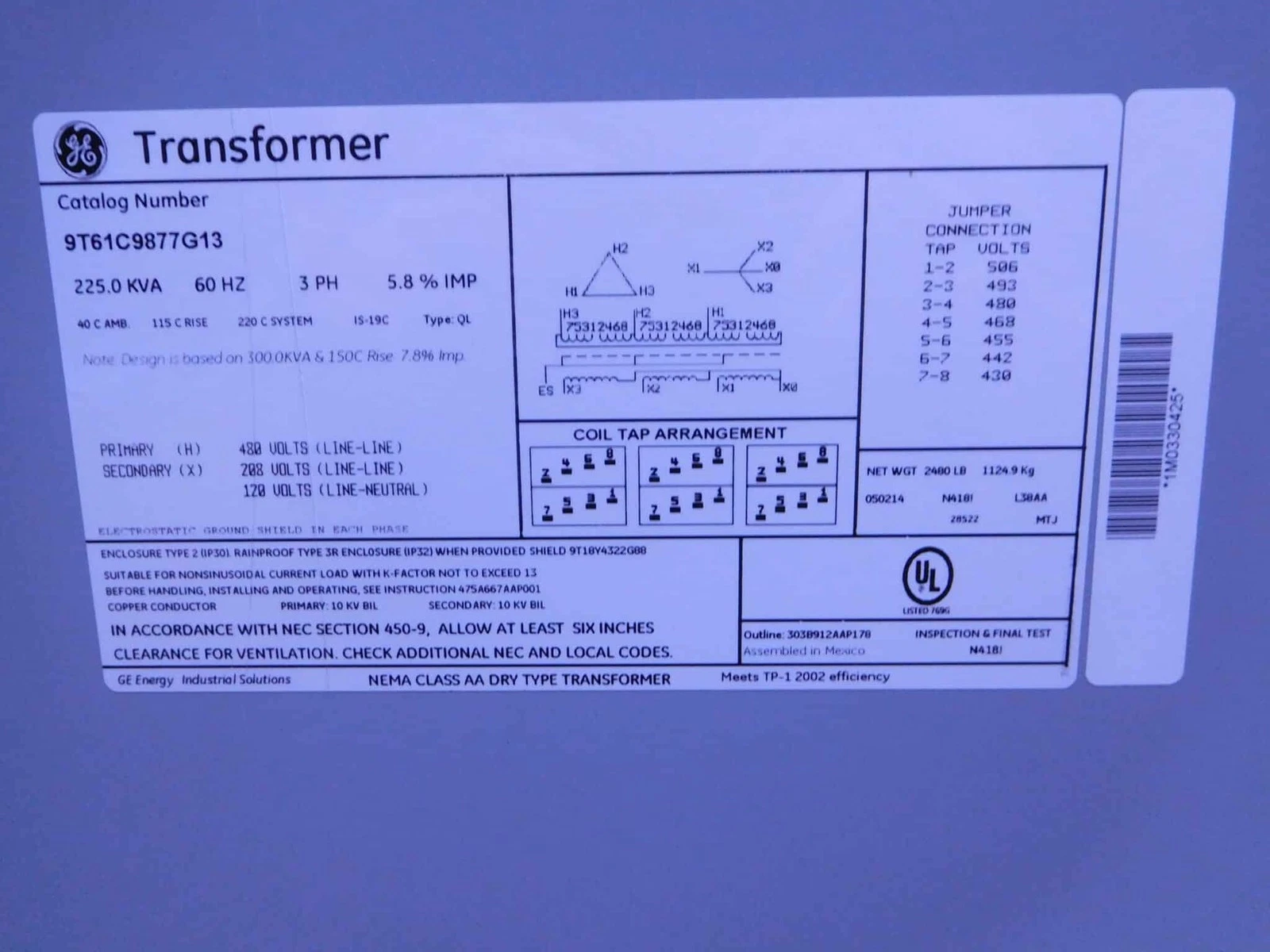 225 KVA 480 Primary, 208Y/120 Secondary, General Electric 9T61C9877G13, Dry Type Distribution Transformer - Image 8