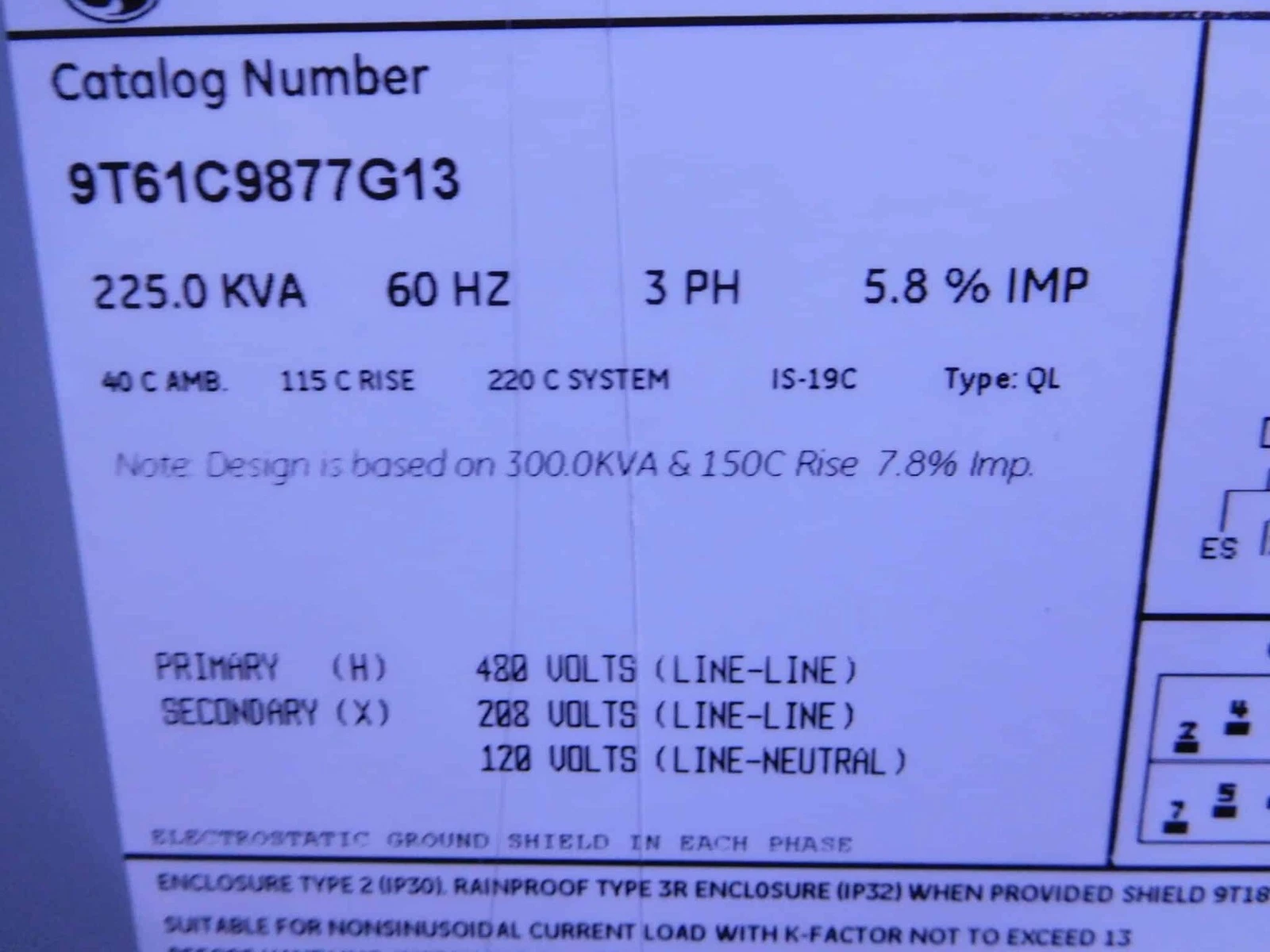 225 KVA 480 Primary, 208Y/120 Secondary, General Electric 9T61C9877G13, Dry Type Distribution Transformer - Image 9