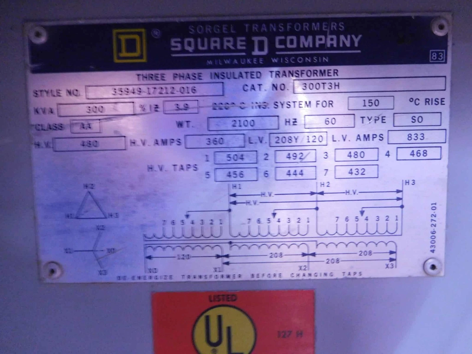 300 KVA 480 Primary, 208Y/120 Secondary, Square D 300T3H, Insulated Transformer, 3PH - Image 6