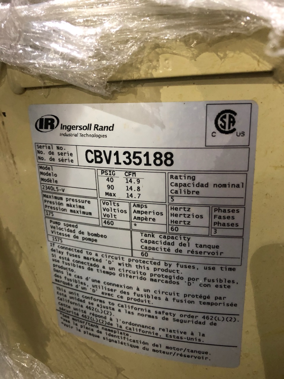 14.7 cfm, 175 psig, Ingersoll-Rand #2340L5-V, Reciprocating Air Compressor, spare piston unit, 460 Volt, 3PH - Image 3