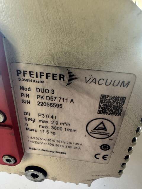 Pfeiffer #DUO 3 / PK D57 711 A, Rotary Vane Vacuum Pump, 3600" RPM Max, 2.9 m3/h Pumping Speed - Image 4