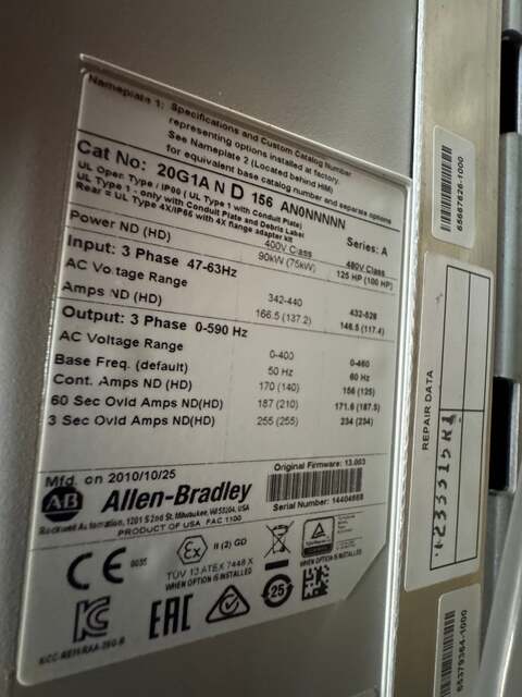 100 HP, Allen-Bradley #20G1AND156AN0NNNNN, Variable Frequency Drive, Variable RPM - Image 3