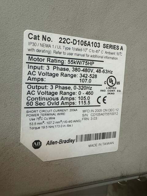 75 HP, Allen-Bradley #22C-D105A103, Variable Frequency Drive, Variable RPM - Image 4