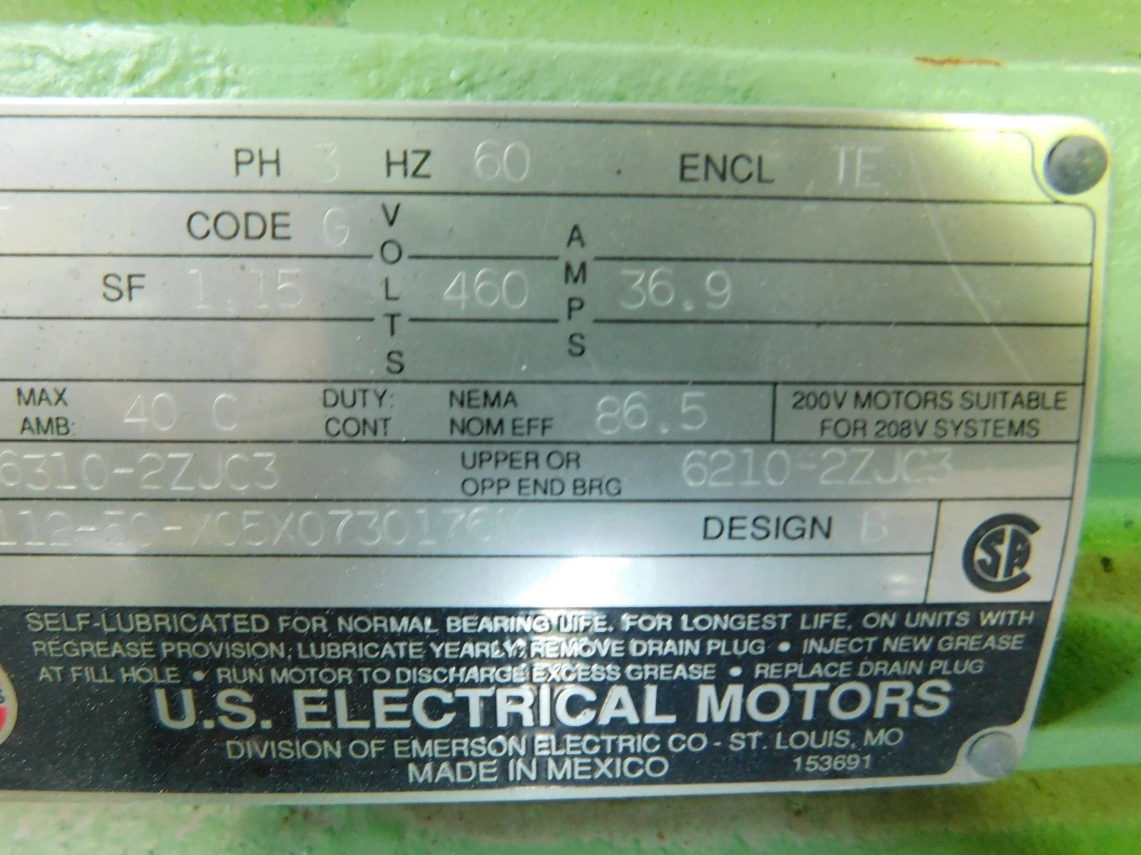 30 HP 3530 RPM U.S. Motors, Frame 286T, TE, Corro-Duty, 1.15 service factor, 460 Volts - Image 3
