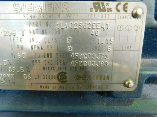 20 HP 3525 RPM Siemens, Frame 256T, TEFC, 1.15 service factor, 460 Volts - Image 3