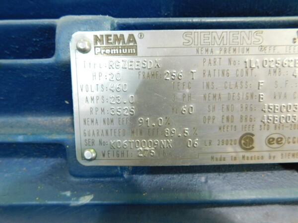 20 HP 3525 RPM Siemens, Frame 256T, TEFC, 1.15 service factor, 460 Volts - Image 7