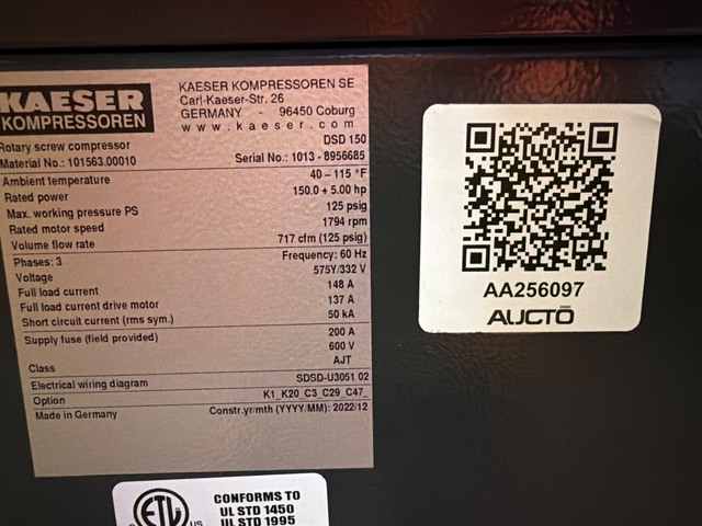 717 cfm, 125 psig, Kaeser #DSD-150, Rotary Screw Air Compressor, 150 HP, 575 V., 2022, 2022 - Image 10