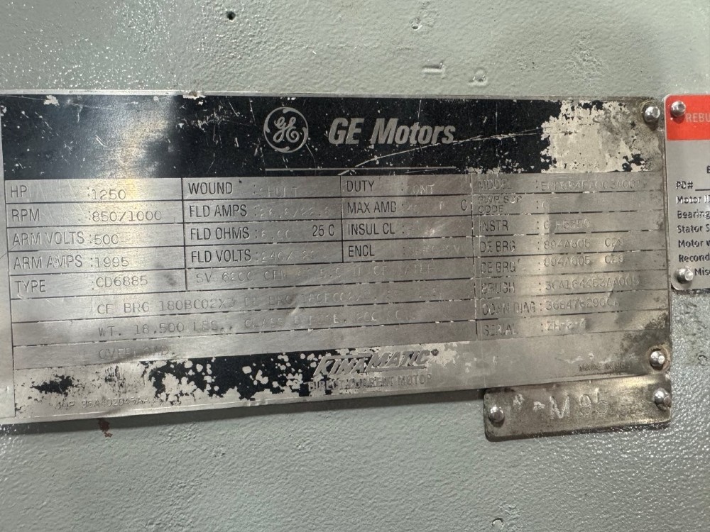 1250 HP 850/1000 RPM General Electric, Frame CD6885, Shunt, SPFG-SV, 500 VA, 240/120 VF, Ready to go - Image 1