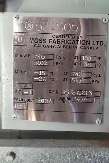 72" x 20' Moss, Horizontal Separator, 2 Phase, 740 PSI, Sour, Internally Coated, 2004 - Image 2
