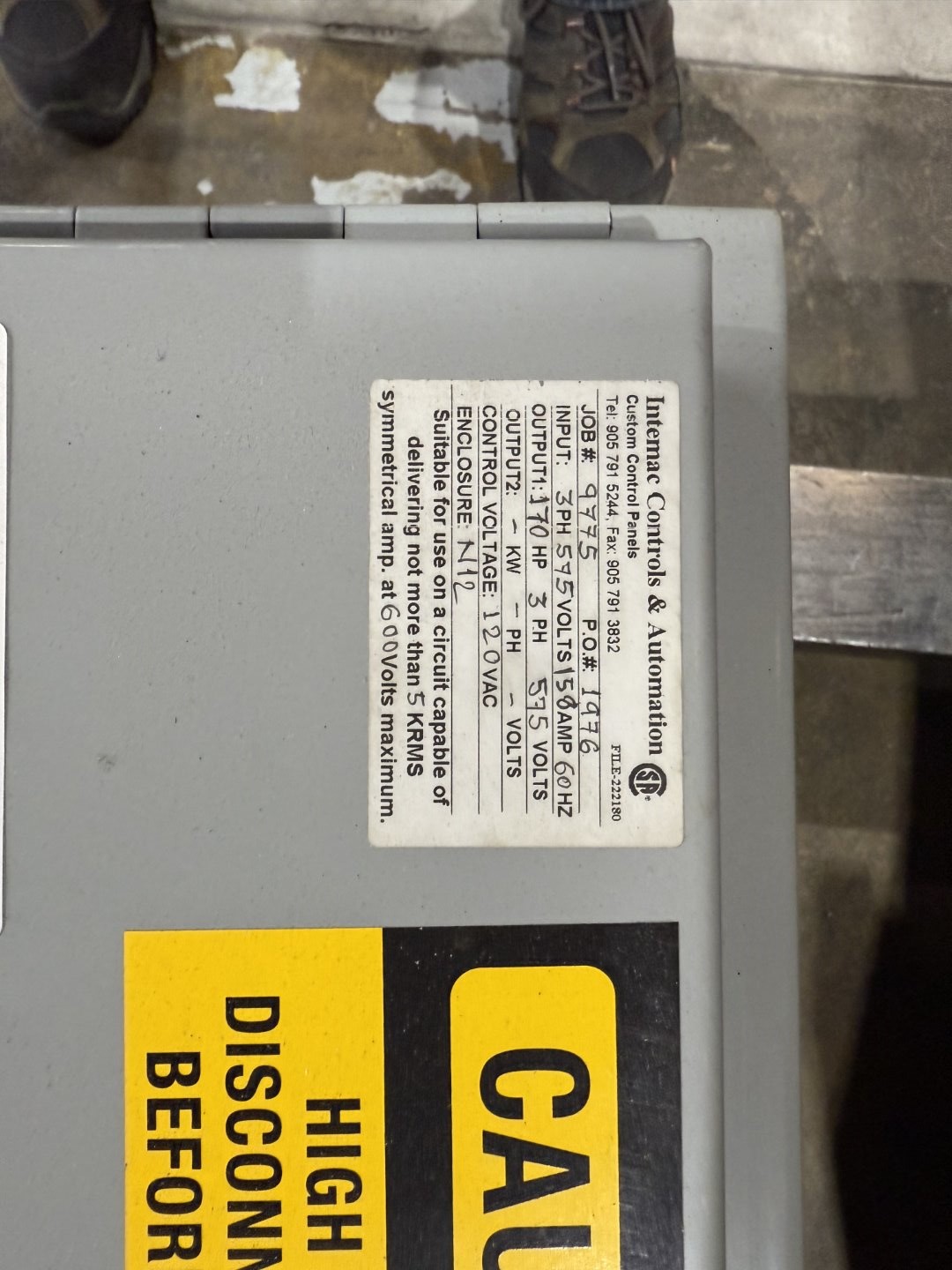 125 HP Starter Panel, Schneider LC1F185 Contactor, Start/Stop/E-Stop, 480V/125 HP, 575V/150 HP - Image 2