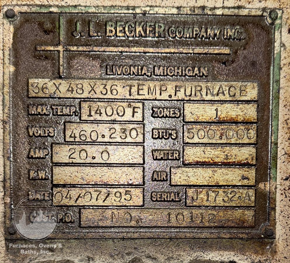 36" width x 36" H x 48" L J.L. Becker Gas Fired Box Tempering Furnace, Gas Fired, 1400&deg;F, 5 Availalble - Image 5