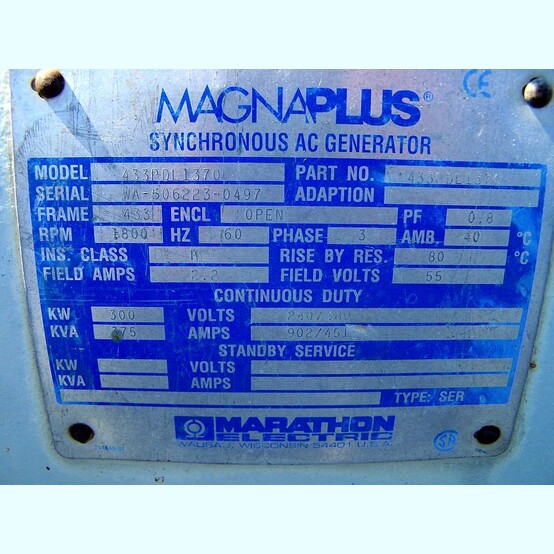 300 KW Marathon Electric #433 PDL 137, Allis-Chalmers generator end, 240/480 Volts, 1800 RPM, 60 Hz, 902/451 - Image 2