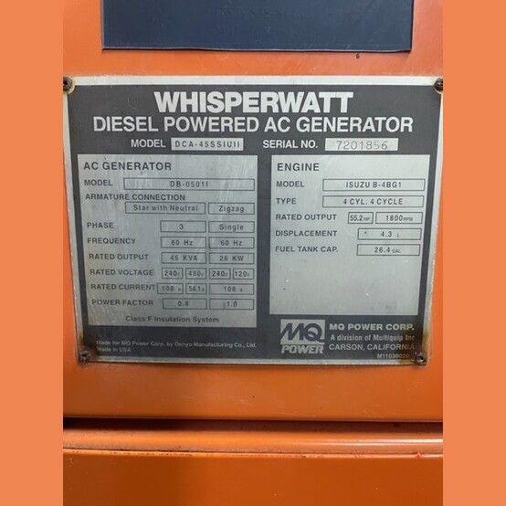 36 KW Multiquip Power WhisperWatt #DCA-45SSIUII, portable rental diesel generator, trailer mtd, 1,649 hours - Image 3