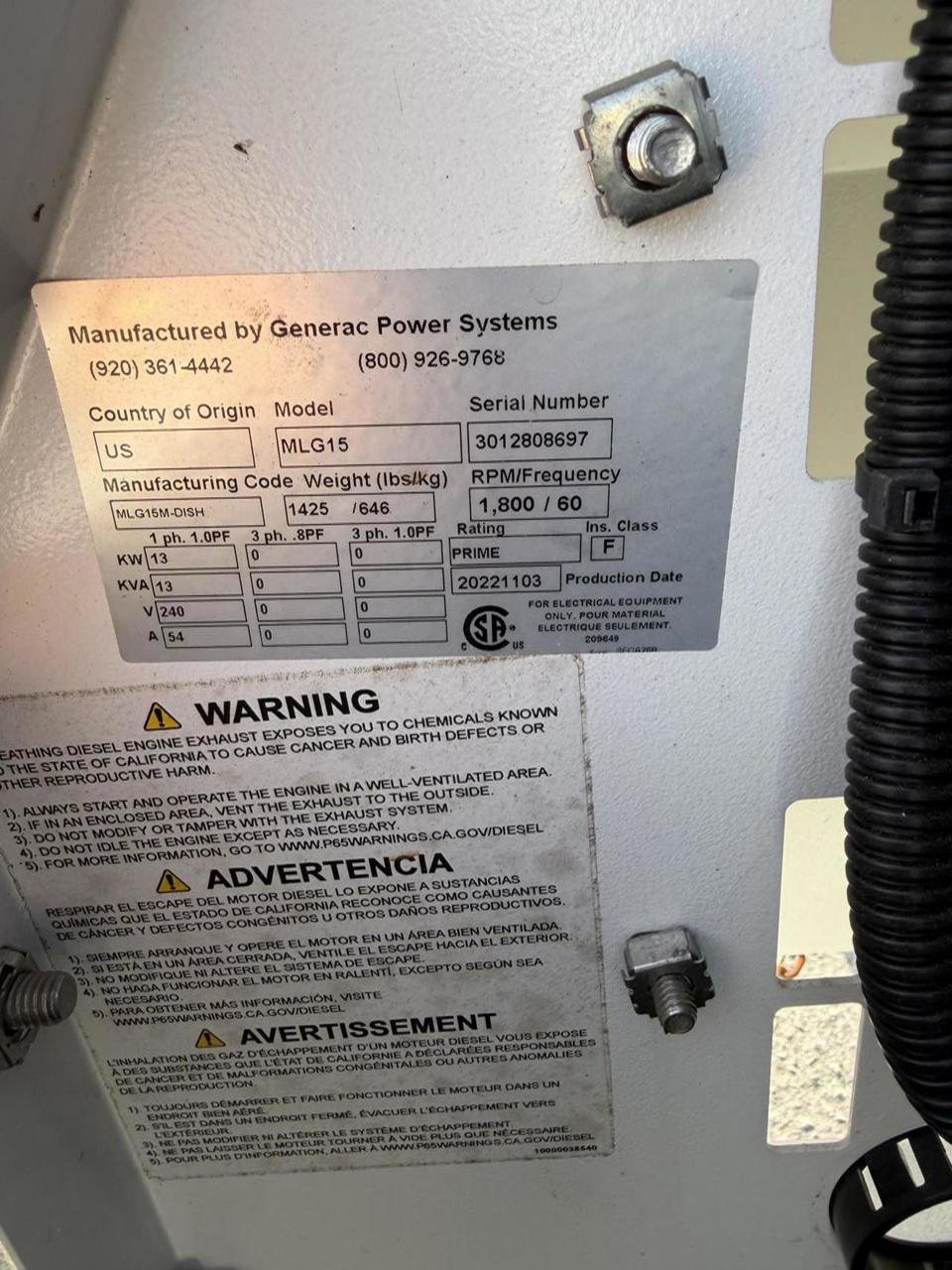 15 KW Generac #MLG15, Portable Diesel Generator, Mitzubishi engine, 120/240 Volts, 1800 RPM, circuit breaker - Image 6