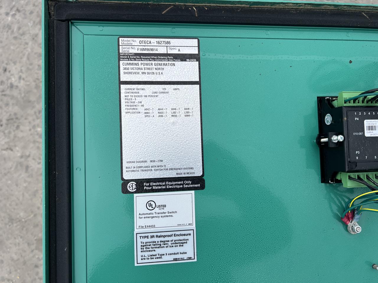 125 Amp. Cummins/Onan #OTECA-1627586, Automatic Transfer Switch, 3-pole, 240 Volts, 1PH/3PH, 2016 - Image 6