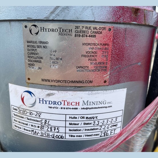 132 GPM @ 213' TDH, HydroTech #MAV-315H-U-006, Submersible Pump, 3" discharge, 15 HP, 3600 RPM, 575 Volts - Image 2