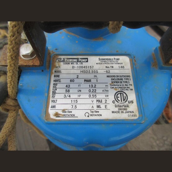 58 GPM @ 43' TDH, Tsurumi #HSD2.55S, Submersible Pump, 2" bore, 0.75 HP, 115 Volt, 1PH, 60 Hz - Image 2