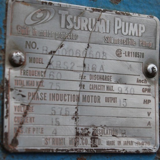 930 GPM @ 75' TDH, Tsurumi #KRS2-B6A, Submersible Pump, 4" discharge, 15 HP, 575 Volt, 3PH - Image 2