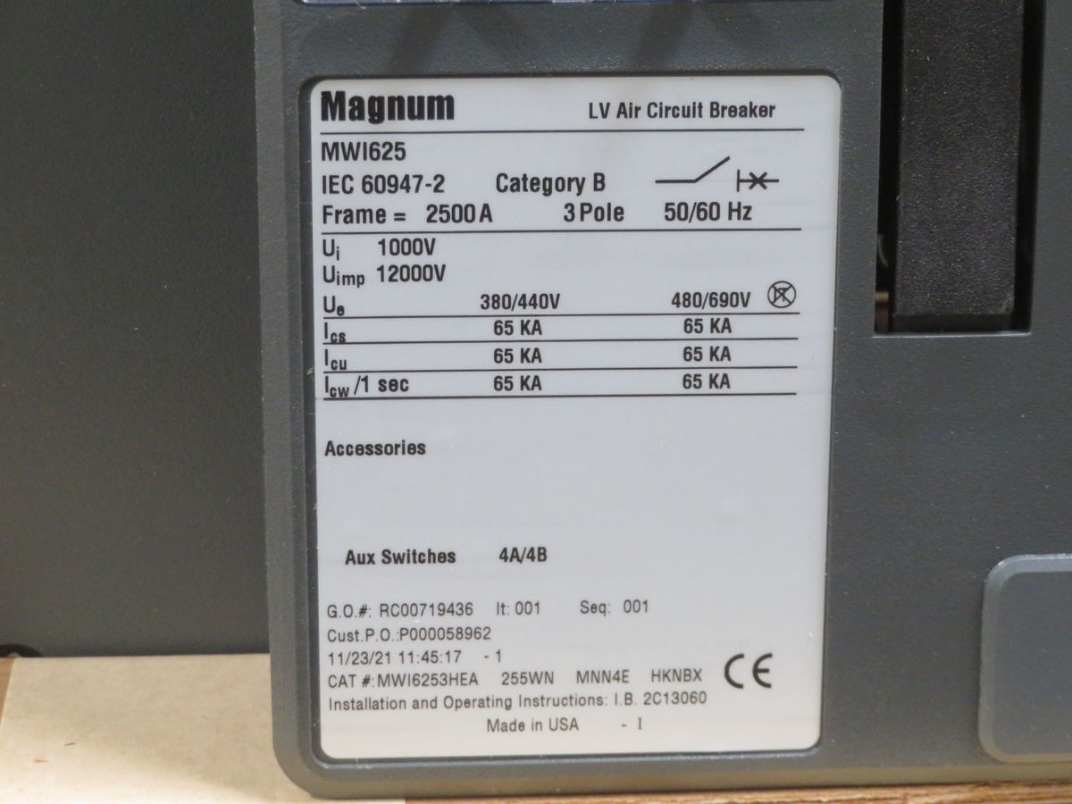 2500 Amps, Eaton #MWI625-MWI6253HEA, LV Air Circuit Breaker, 3-Pole, 690 Volts, 65 kA - Image 4