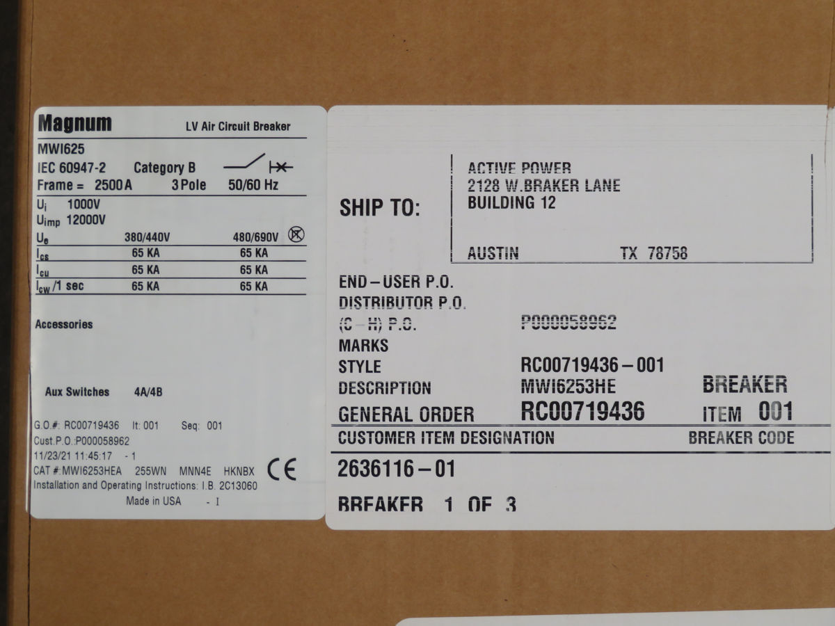 2500 Amps, Eaton #MWI625-MWI6253HEA, LV Air Circuit Breaker, 3-Pole, 690 Volts, 65 kA - Image 5