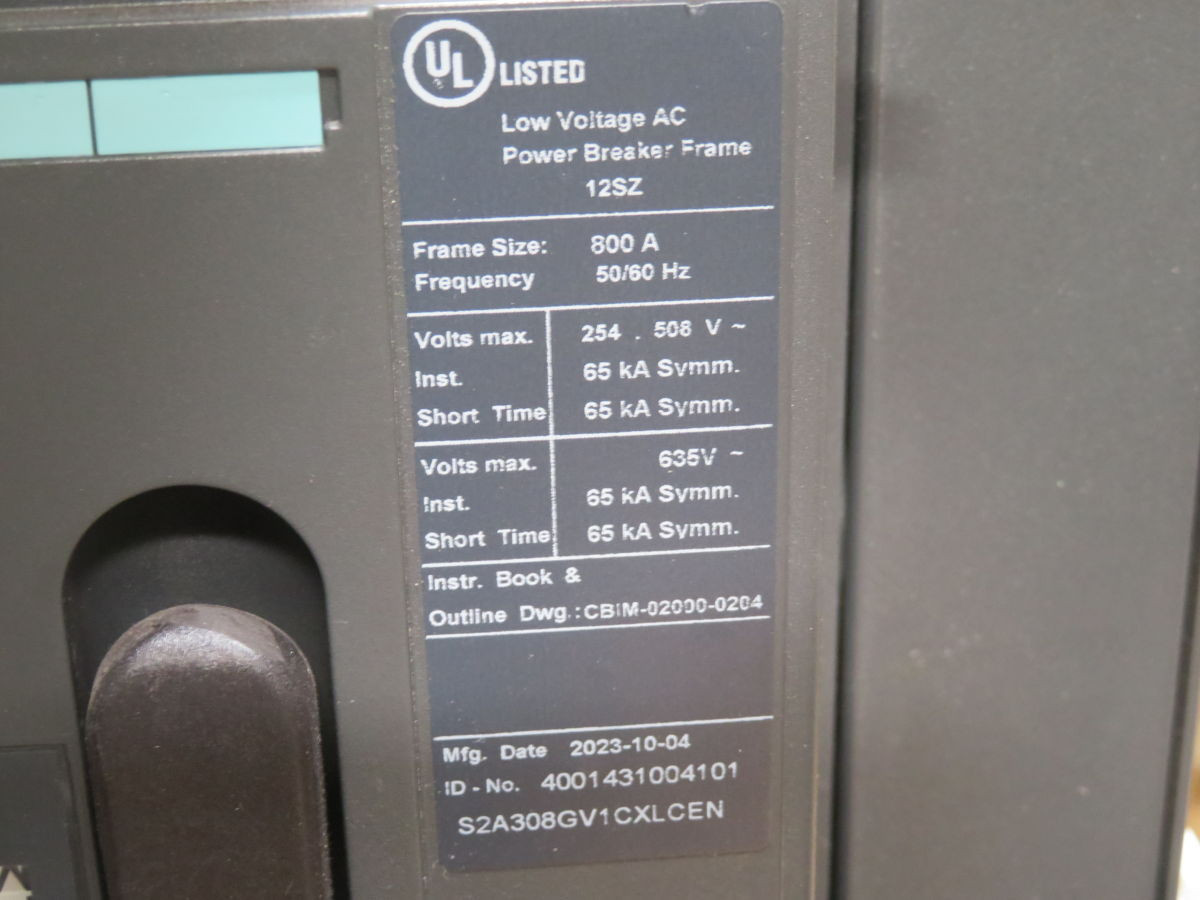 800 Amps, Siemens #WLS2A316-S2A308GV1CXLCEN, LV Air Circuit Breaker, 3-Pole, 690 Volts, 65 kA, 2023 - Image 1