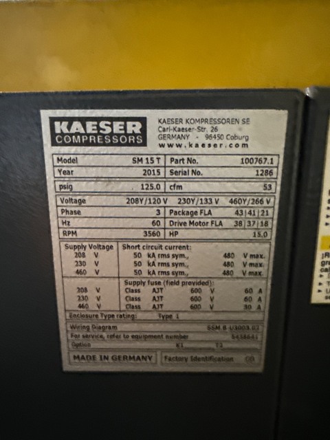 53 cfm, 125 psig, Kaeser #SM-15-T, Rotary Screw Air Compressor, 15 HP, 460 V., 2015 - Image 4