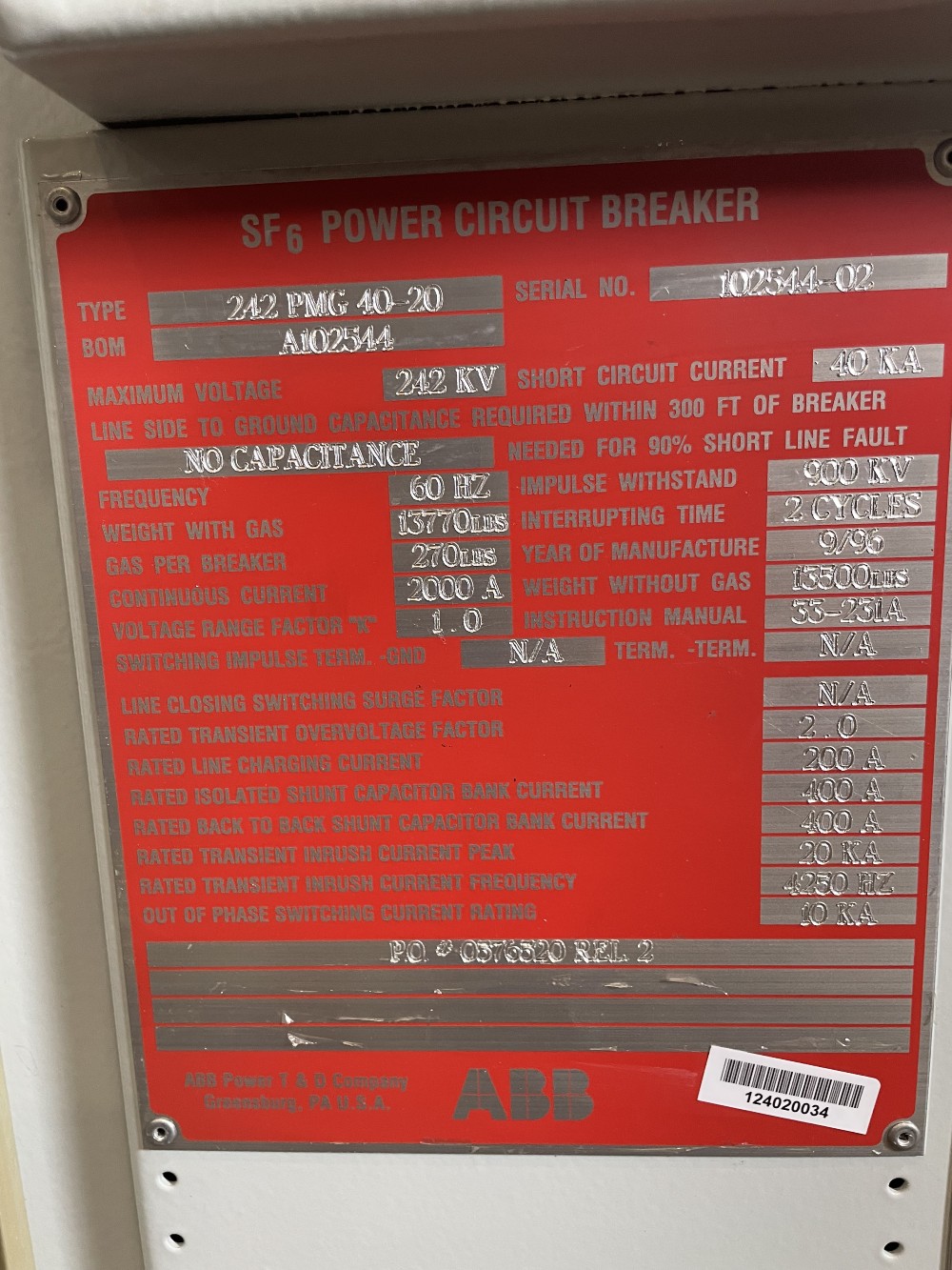2000 Amps, ABB, 242 PMG 40 20 242 PMG 40-20, 242 kV, High Voltage Circuit Breaker - Image 2