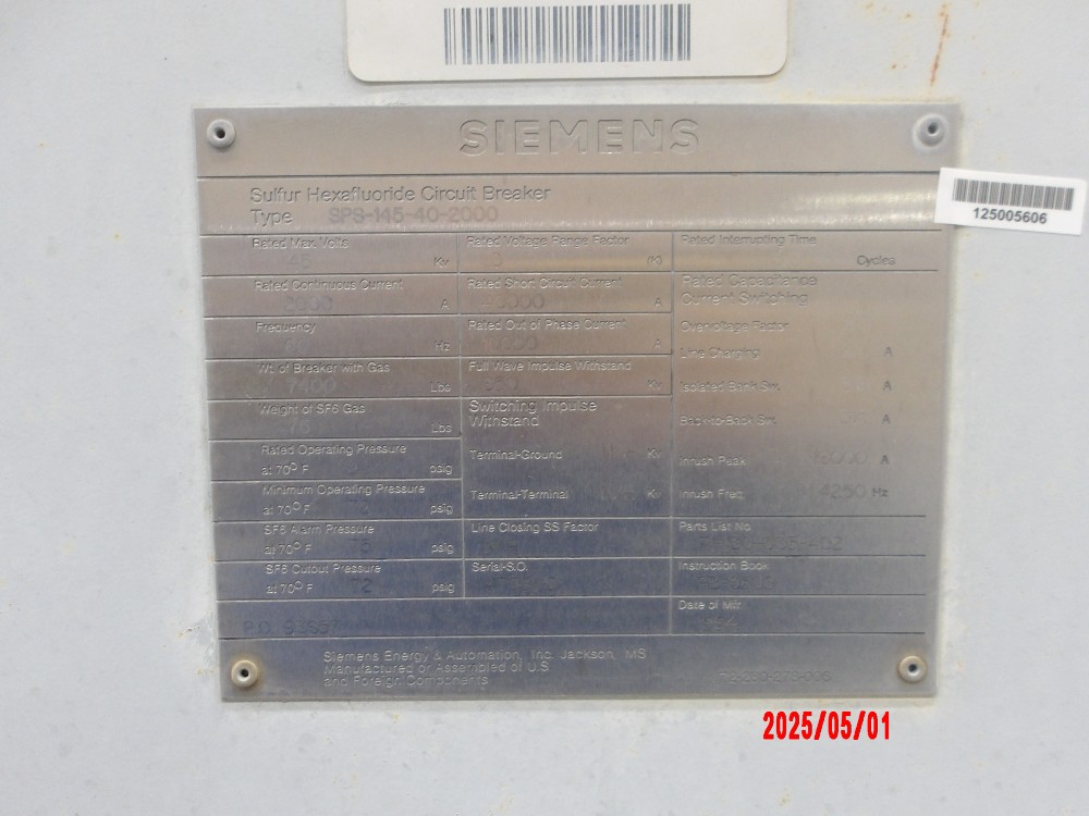 2000 Amps, Siemens, SPS 145 40 2000 SPS-145-40-2000, 145 kV, High Voltage Circuit Breaker - Image 1