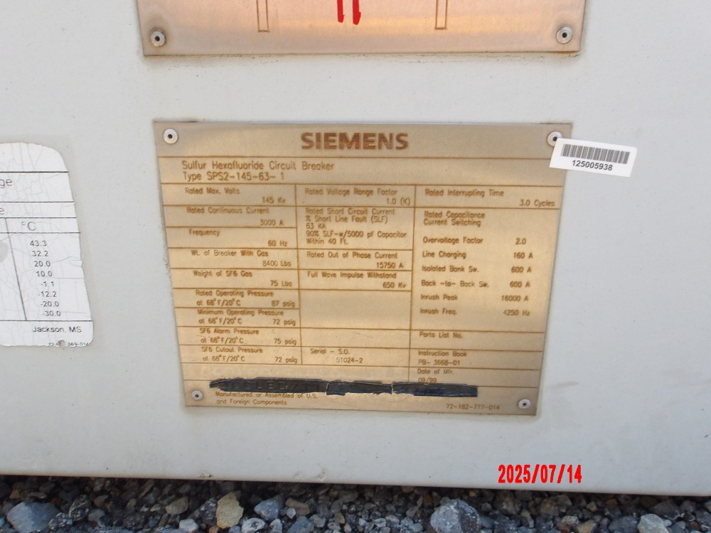 3000 Amps, Siemens, SPS 2 145 631 SPS2-145-63-1, 145 kV, High Voltage Circuit Breaker - Image 1