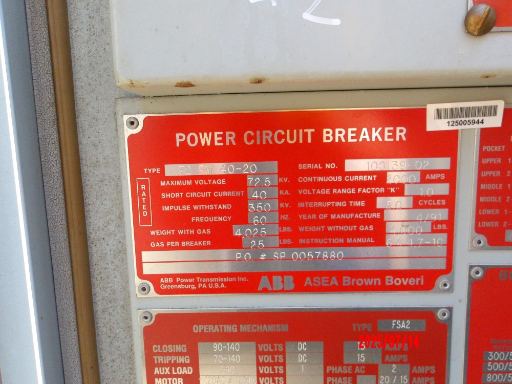 2000 Amps, ABB, 72 PM 40 20 72 PM 40-20, 72.5 kV, High Voltage Circuit Breaker - Image 1
