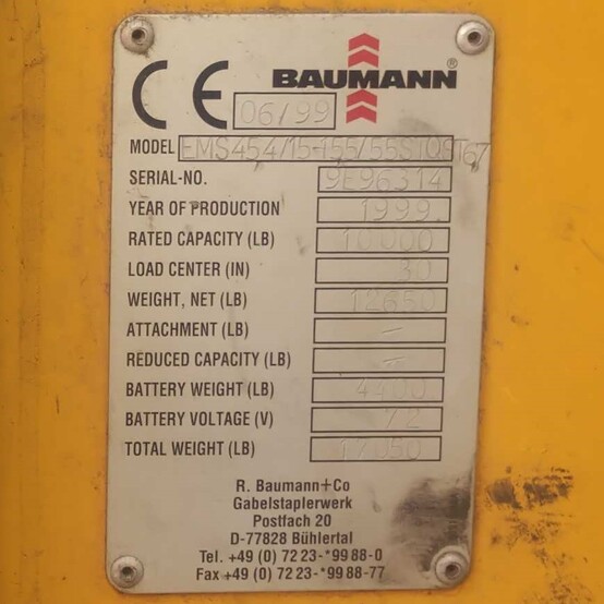 10,000 lb. Baumann #EMS454/15-155/55STQST67, electric sideloader, 216" lift, 72 V. battery, 11,168 hours, 1999 - Image 5