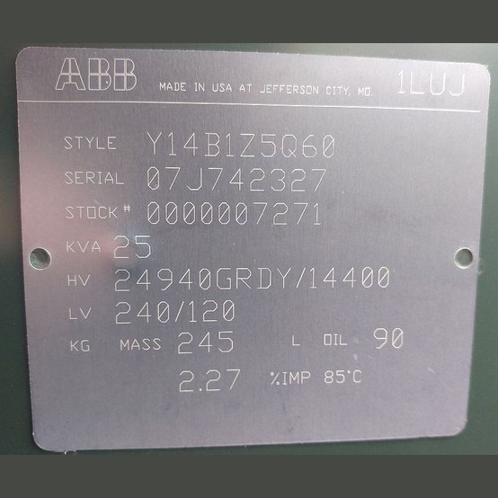 25 KVA 24940GRDY/14400 Primary, 240/120 Secondary, ABB #1LUJ, Distribution Transformer 1 Phase - Image 1