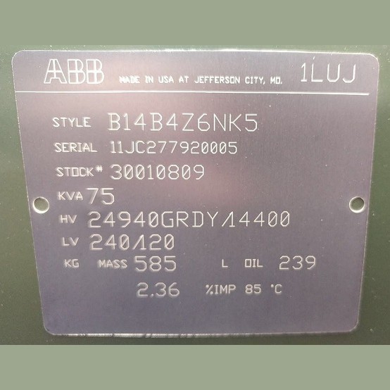 75 KVA 24940GRDY/14400 Primary, 240/120 Secondary, ABB #1LUJ, Distribution Transformer 1 Phase - Image 2