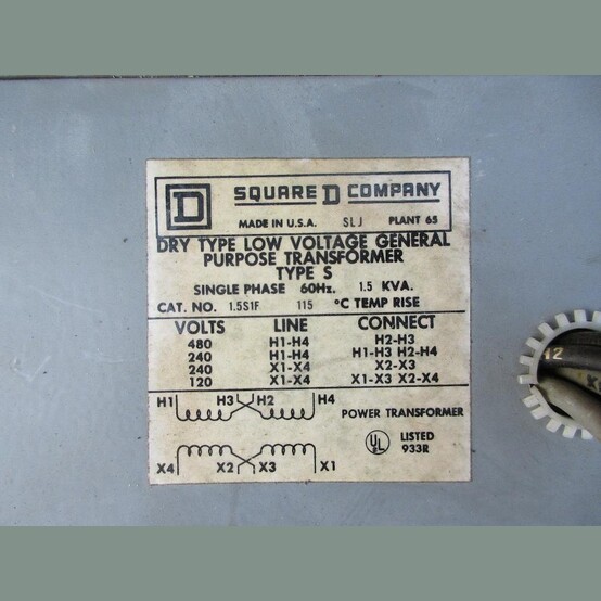1.5 KVA 480 Primary, 120 Secondary, Square D #1.551F, Dry Type Transformer Single Phase - Image 2