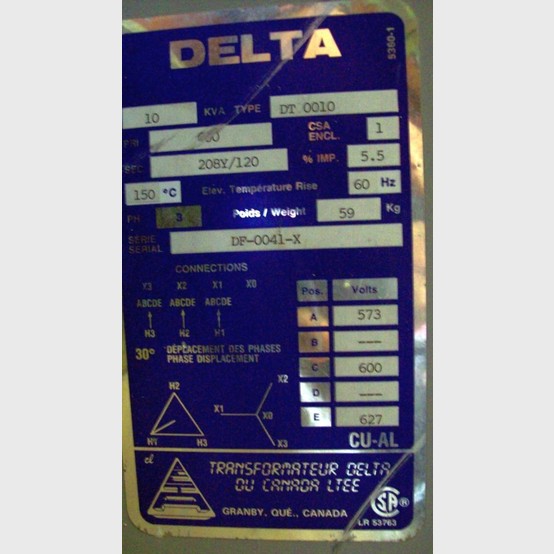 10 KVA 600 Primary, 208Y/120 Secondary, Delta, Dry Type Transformer 3 Phase - Image 2